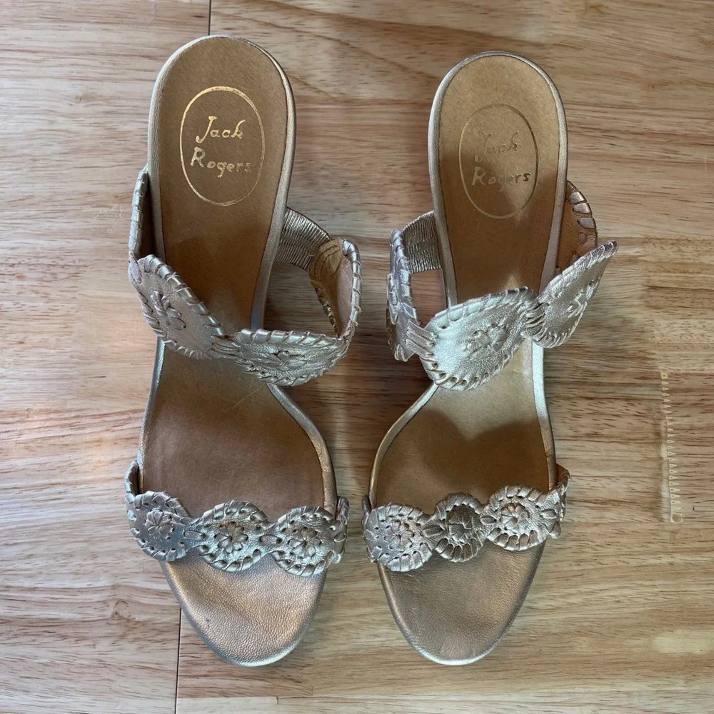 Jack Rogers Gold Metallic Leather Whipstitch Rondelle Wedge Sandals Womens 11M
